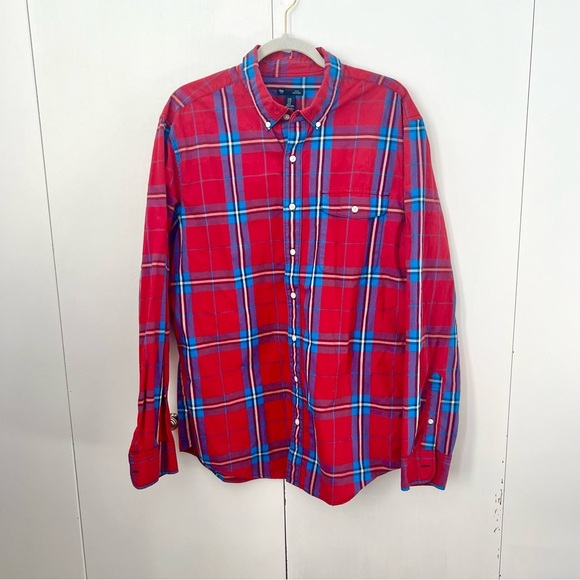 Gap Men’s Slim Fit Red and Blue Plaid Shirt XL - Picture 1 of 7